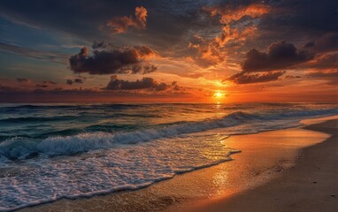 Obraz premium A breathtaking ocean sunset. Waves crash on a sandy beach, with fiery clouds