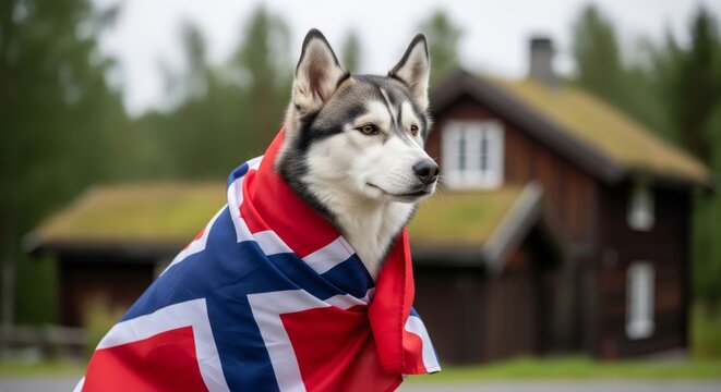 Patriotic Siberian husky wrapped in Norwegian flag portrait