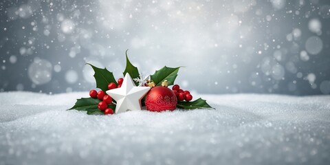 White star, holly berries, and red Christmas ornament on a snowy background, seasonal holiday decor