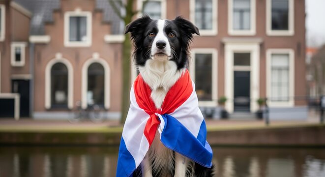 Patriotic Border Collie Dog with Dutch Flag in Urban Canal City