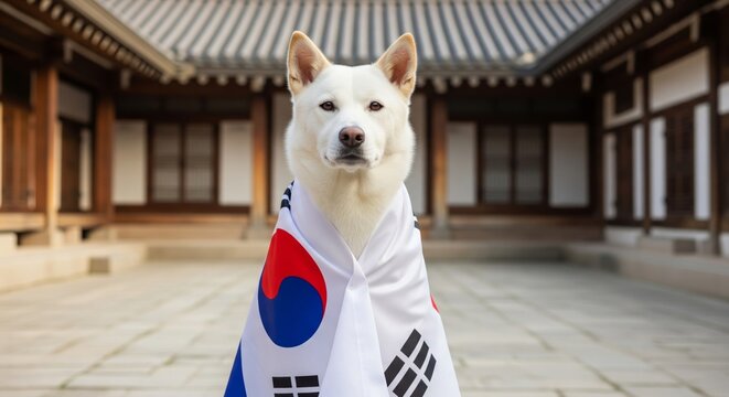 Patriotic Jindo dog with South Korean flag at traditional building