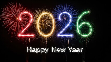 Colorful fireworks and glowing 2026 Happy New Year text Keywords: 2026, New Year, Happy New Year
