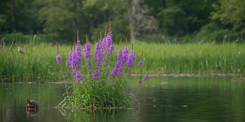 Purple Loosestrife plant spreading across wetland area, emphasizing invasive species impact on native ecosystems