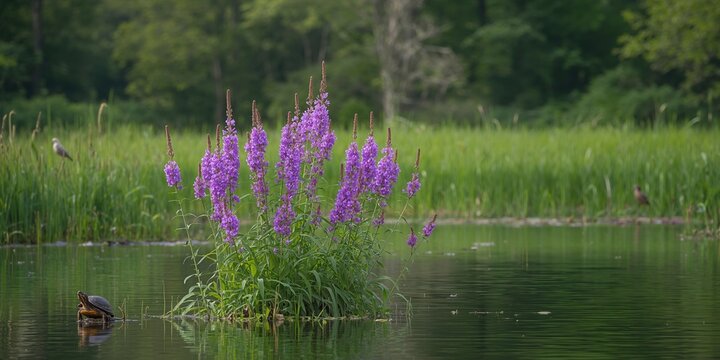 Purple Loosestrife plant spreading across wetland area, emphasizing invasive species impact on native ecosystems