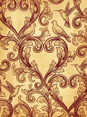 Obraz premium Vintage wallpaper with a botanical motif. An elegant repeating pattern of leaves, swirls, and birds on a distressed paper background