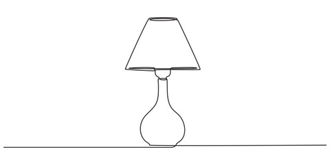Continuous one line drawing of a stylish lamp. Minimalist linear silhouette of table or floor lamp. Elegant modern design. Hand-drawn vector illustration. Editable stroke.