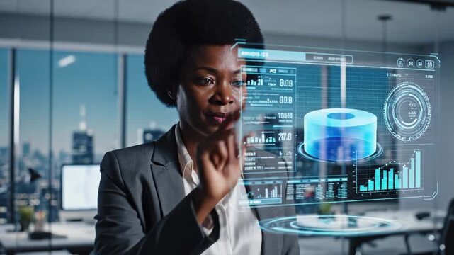 Businessperson interacts with holographic data display in modern office environment Digital interface shows charts and graphs Person gestures toward floating screen elements - Powered by Adobe