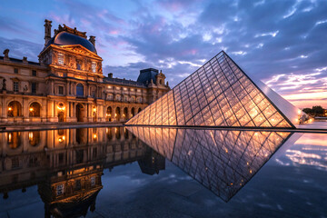 Ornate museum with glass pyramid under evening light