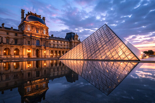 Ornate museum with glass pyramid under evening light
