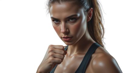 Athletic woman with a determined expression, preparing for a boxing match, showcasing strength and focus, with a clean background emphasizing her powerful stance and readiness for action