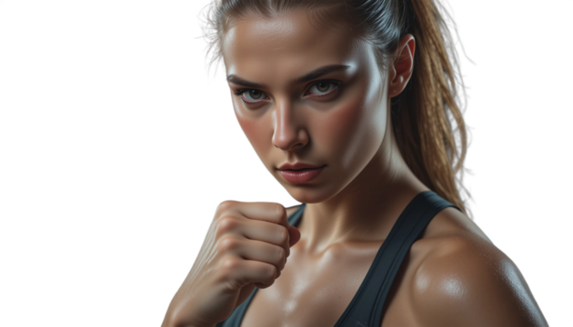 Athletic woman with a determined expression, preparing for a boxing match, showcasing strength and focus, with a clean background emphasizing her powerful stance and readiness for action