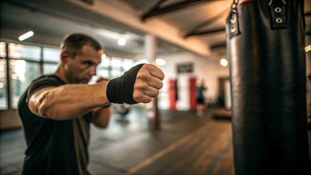 Male boxer preparing for training, with hand wrapped in black tape, focused on punching bag in a well-lit gym, showcasing dedication to fitness and martial arts