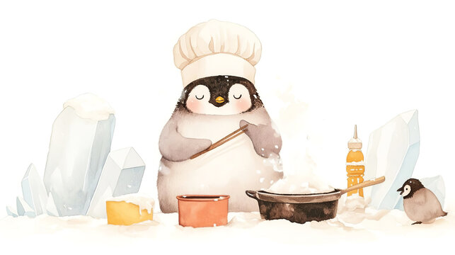 Cute penguin chef in a snowy landscape, stirring a pot with icebergs and a small bird nearby, creating a whimsical cooking scene in a winter wonderland