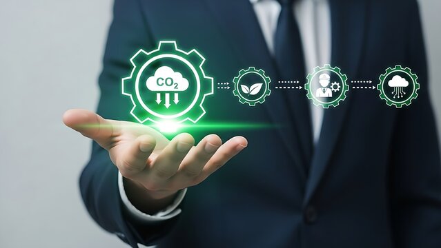 Businessman presenting carbon emissions reduction and environmental sustainability