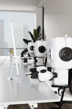 3D robots working in modern tech office