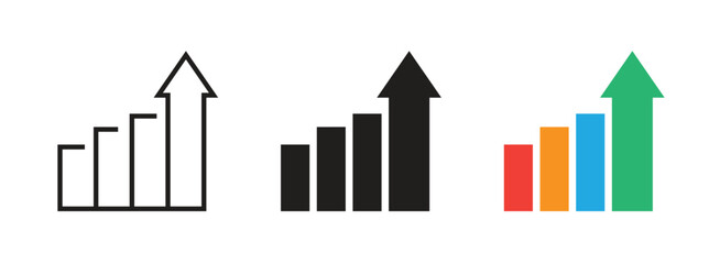 Obraz premium Growth icon set. Graph, chart, diagram, arrow up symbol. Business, success, economy concept. Colorful, black color. Vector illustration. Editable stroke. Flat design. Isolated on a white background.