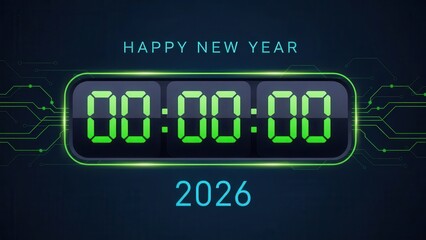 Happy New Year 2026 digital countdown timer with circuit background