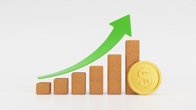 A 3D rendered business growth chart showing an ascending trend with brown rectangular bars and a green upward arrow
