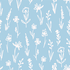 Simple calm floral vector seamless pattern. Light wildflowers on a sky blue background. For fabric prints and textile products.