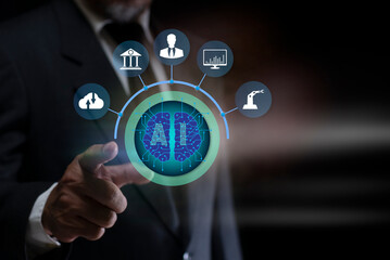 Businessman with AI Learning and Artificial intelligent. futuristic robot technology development, artificial intelligence AI, and machine learning concept.