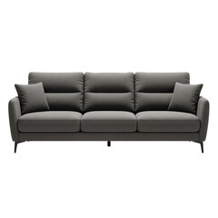 Obraz premium Dark gray three-seater sofa with plush cushions and thin metal legs on black background couch charcoal isolated on a transparent background