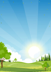 Spring landscape green fields lwith mountain, blue sky and clouds background,Vertical peaceful rural nature in springtime with green grass land.Cartoon vector illustration for spring and summer banner
