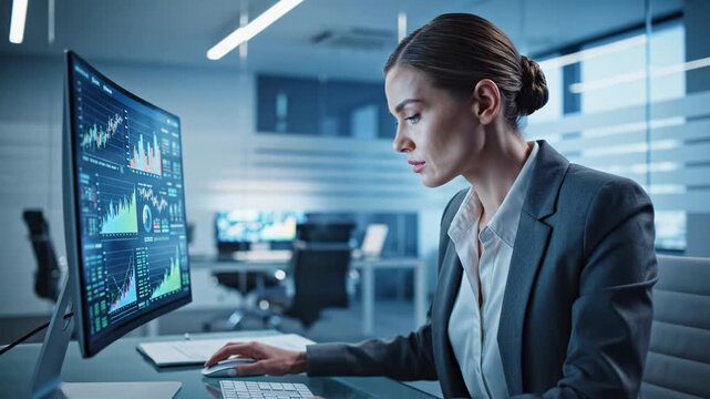 Businessperson analyzing financial data on computer monitor in modern office environment with minimal camera movement and consistent lighting - Powered by Adobe