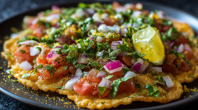 Crispy masala papad topped with finely chopped onions, tomatoes, coriander, lemon drizzle; vibrant street-food colors