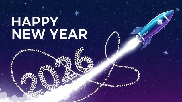 Happy New Year 2026 Rocket Launch Star Trail celebration