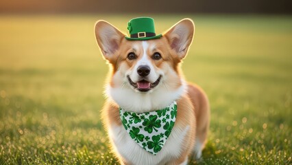 Happy Corgi dog wearing a green leprechaun hat and clover bandana outdoors in a sunny grassy field during golden hour