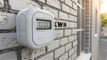 Modern electric meter showing zero kwh on white brick wall next to window isolated on transparent background
