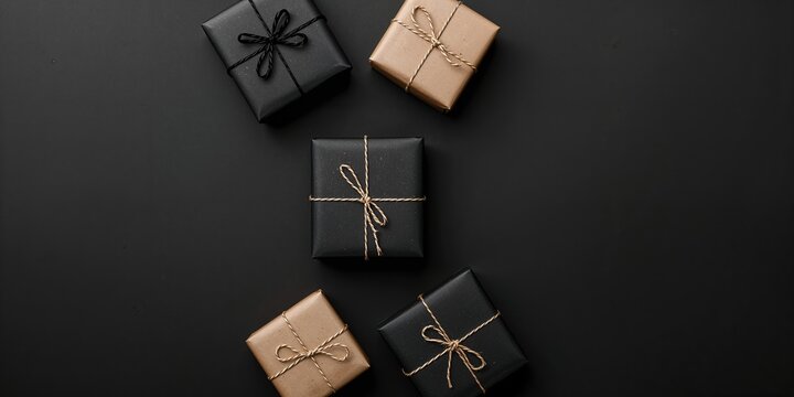 Black and kraft Christmas gifts on a black background, suitable for text overlay or layout design