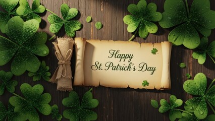 Happy St Patrick's Day greeting on old paper scroll surrounded by green clovers on wooden background