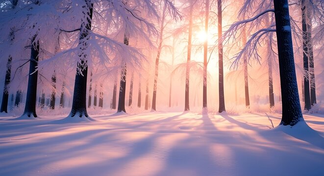 Beautiful winter forest covered in heavy snow with sun rays filtering through trees at sunrise - Powered by Adobe