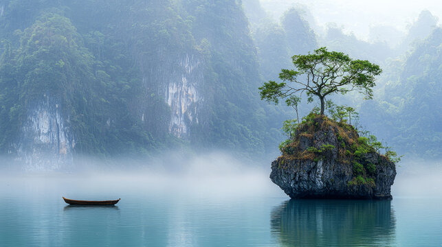 Serene mist embraces a lone boat and a tree-covered island amidst tranquil waters and misty mountains. - Powered by Adobe