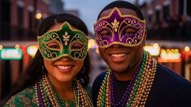 Cheerful diverse couple in Mardi Gras masks and colorful beads smiling outdoors at night - Powered by Adobe