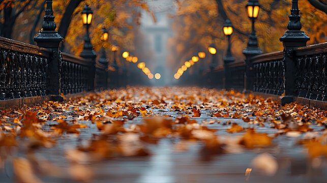 Autumn Pathway Through a City Park Lined with Gas Lamps and Covered in Fallen Orange and Brown Leaves Under a Soft Misty Sky