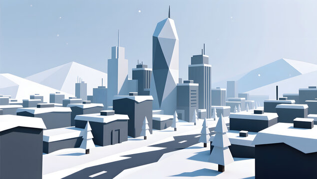 Low-poly abstract snowy city 3D illustration scene