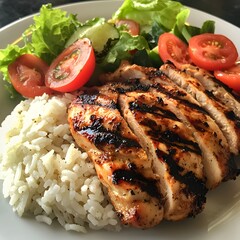 Photo of grilled chicken served with fluffy rice, fresh tomatoes, and lettuce garnish