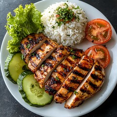 Photo of grilled chicken served with fluffy rice, fresh tomatoes, and lettuce garnish