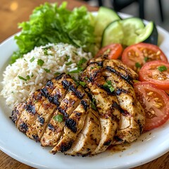 Photo of grilled chicken served with fluffy rice, fresh tomatoes, and lettuce garnish