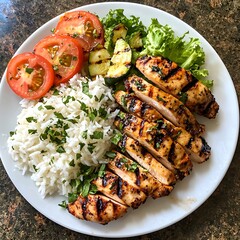 Photo of grilled chicken served with fluffy rice, fresh tomatoes, and lettuce garnish