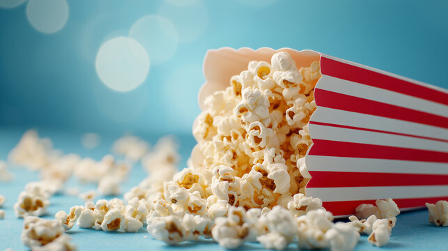 Fluffy salted popcorn overflowing from a retro red-and-white striped paper box - Powered by Adobe