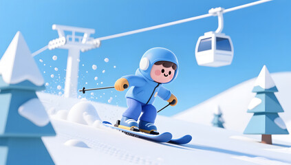 Cute Skier Racing Through a Blue and White Winter Scene
