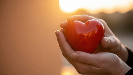 Person holding a shiny red heart in cupped hands outdoors during a warm golden sunset or sunrise