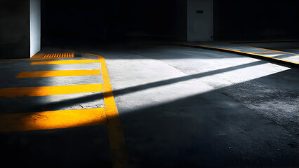 A minimal parking lane where lamp shadows and glowing patches combine to form abstract geometric negative space shapes