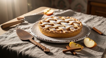 Delicious homemade apple pie with lattice crust on rustic table.