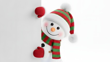 Cute Snowman Peeking Out from Behind a White Sign or Banner