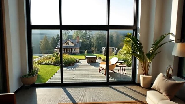 Modern living room with large windows and a scenic nature view. Slow zoom into a luxury home with contemporary interior design. Real estate and aspirational lifestyle concept
