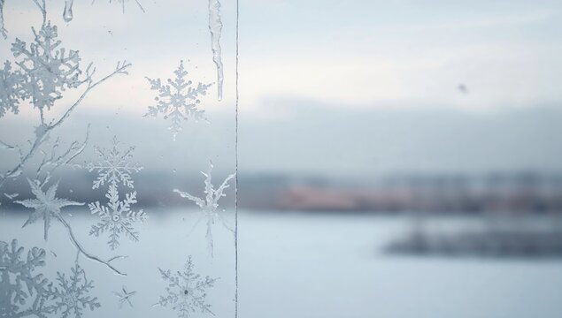 White snowflakes on the window pane, frost pattern on glass, winter season, holiday observance